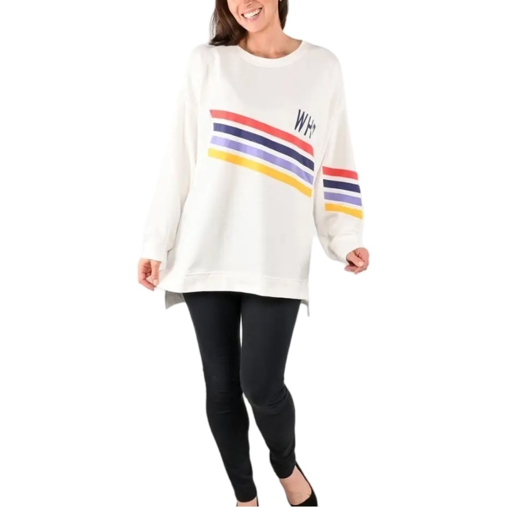 White Whoopi Long Sleeve Multicolor Stripe Logo French Terry Sweatshirt- Dubgee - Picture 2 of 6